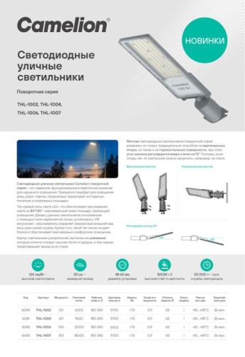 Светильник THL-1007 150Вт 5700К IP65 18000лм 180-240В 568х165х79 КСС "Ш" 1/5 ПВ уличный Camelion 16343 фото 5