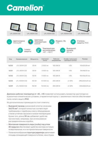 Прожектор светодиодный LFL-5004 C02 LED SMD 50Вт IP65 6500К 5000лм 230В 153х136х30 черн. Camelion 16332 фото 2