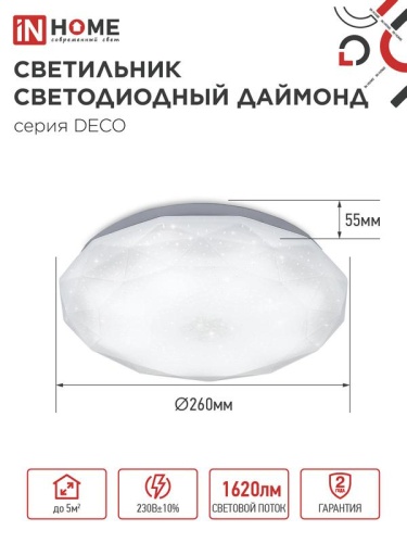 Светильник светодиодный DECO ДАЙМОНД 18Вт 6500К 1620лм 230В 260х55мм IN HOME 4690612033655 фото 2