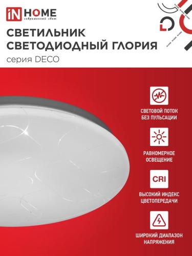 Светильник светодиодный DECO ГЛОРИЯ 24Вт 4000К 2160лм 230В 330х55мм IN HOME 4690612021904 фото 3