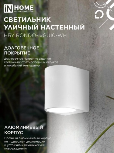 Светильник НБУ RONDO-1хGU10-WH IP65 уличный настен. односторон. под лампу 1хGU10 алюм. бел. IN HOME 4690612044699 фото 5