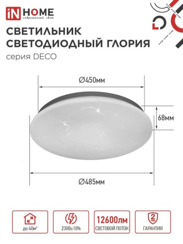 Светильник светодиодный DECO ГЛОРИЯ 120Вт 6500К 12600лм 230В 483х67мм IN HOME 4690612062235 фото 2